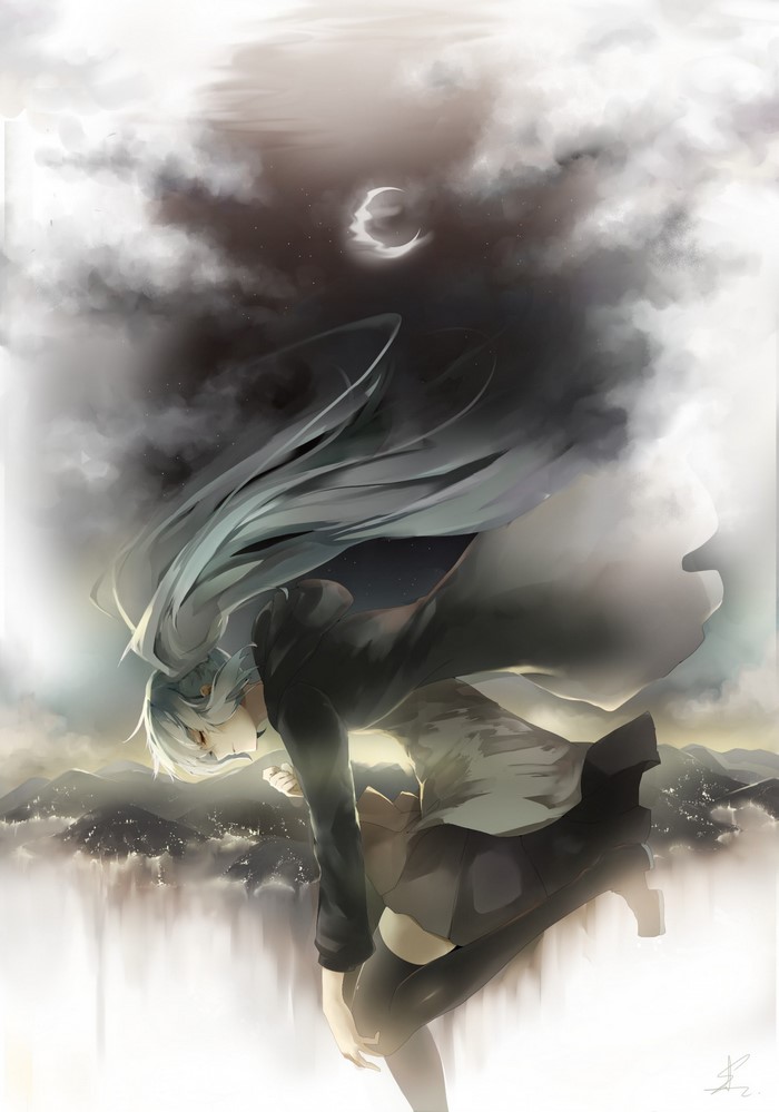 Hatsune Miku from Vocaloid under the crescent moon