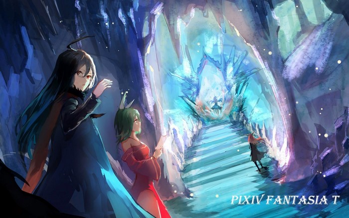 Characters in a glowing ice cave with a crystal throne