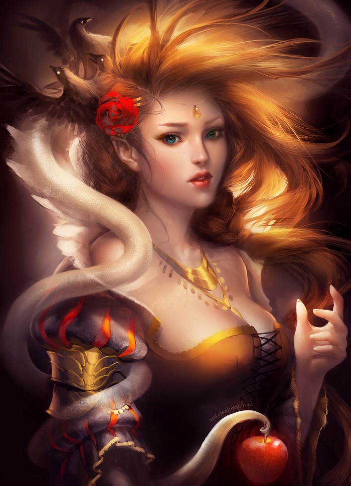 Snow White with snake and crows