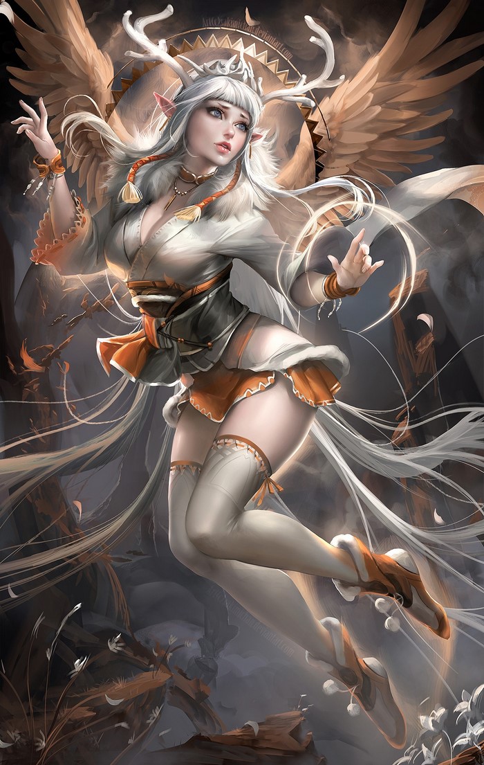 Anime woman with antlers and wings