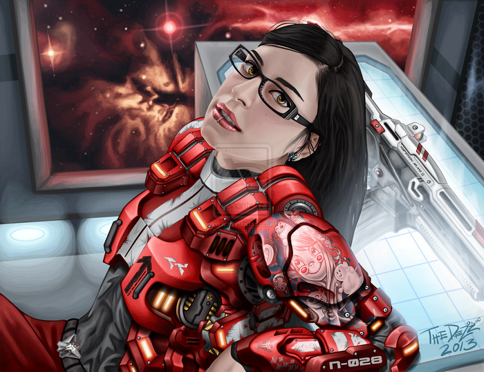 Woman in sci-fi armor with glasses and gun