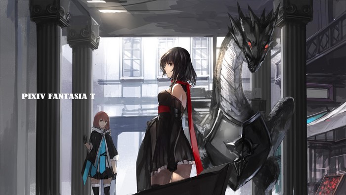 Anime girls and dragon in front of building