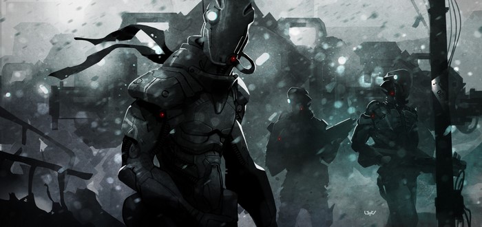 Robots and soldiers in a snowy, ruined city