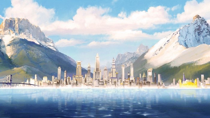 Cityscape with mountains and reflection on water