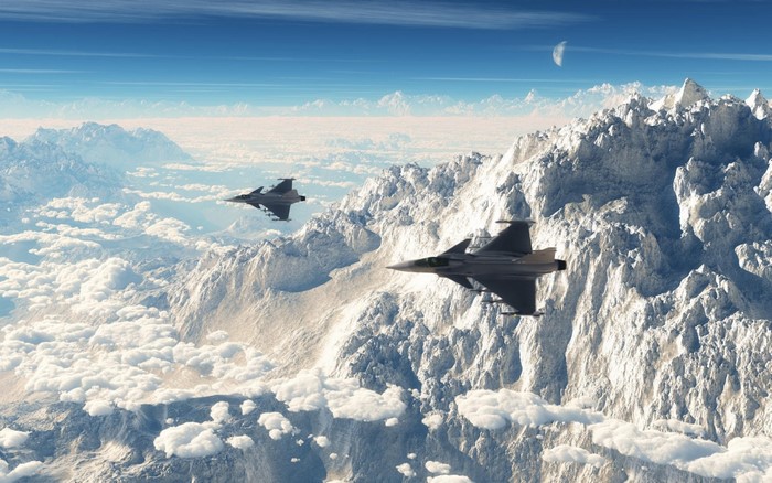 JAS 39 Gripen Jets Flying Over Snowy Alps Mountains