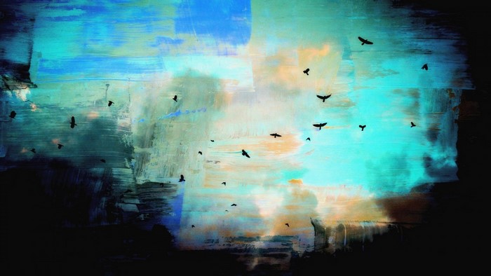 Abstract painting of birds flying in a blue and teal sky