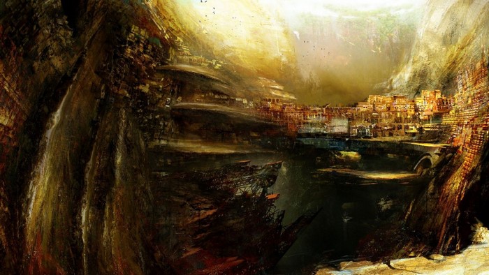Fantasy city built into a rocky canyon with sunlight