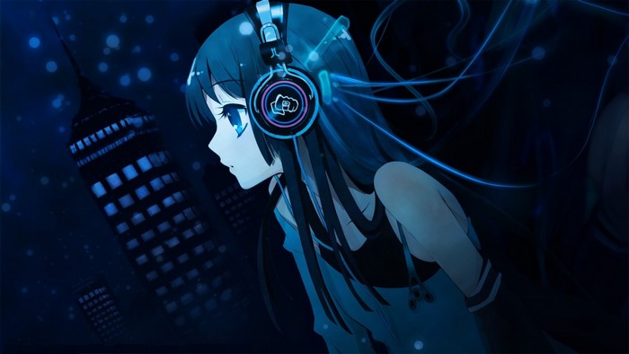 Anime girl with headphones in a blue city at night