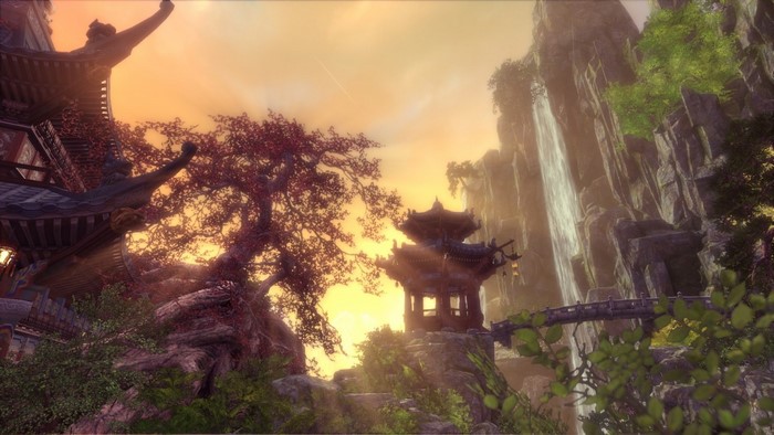 Blade & Soul screenshot with pagoda and waterfall