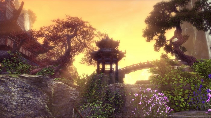 Screenshot from Blade & Soul PC game with pagoda and bridge