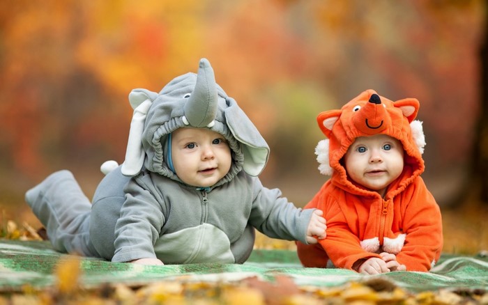 Two babies in animal costumes in autumn
