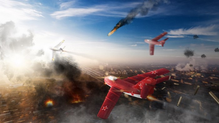 War Thunder aircraft dogfight over burning city