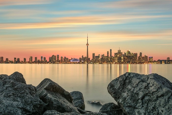 Toronto Skyline at Sunset with CN Tower and Rocks