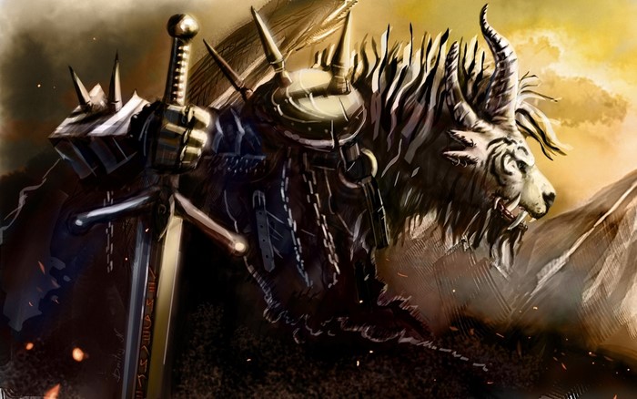 A warrior with a goat-like creature from Guild Wars 2