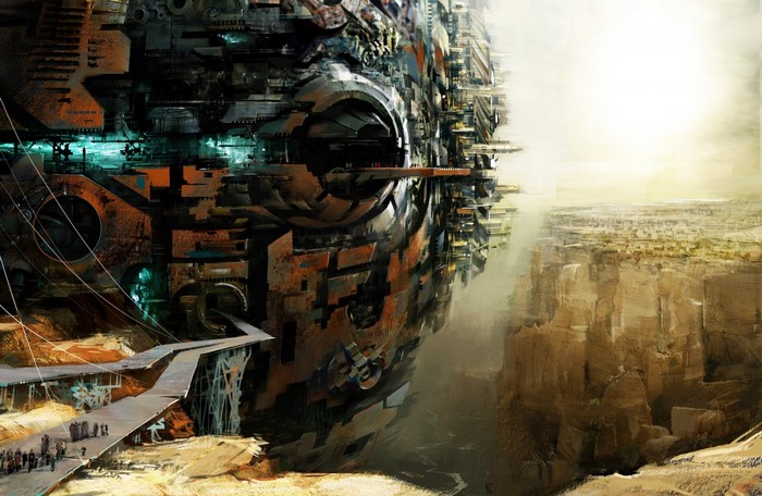 Concept art of a massive futuristic structure in a canyon