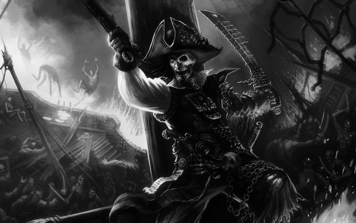 Skeleton Pirate Captain on a Burning Ship