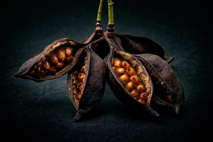 Dried seed pods with orange seeds on dark background