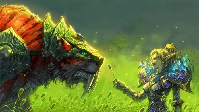 Elf warrior with saber-toothed tiger in World of Warcraft