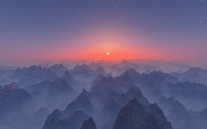 Digital art of mountains at sunset with stars