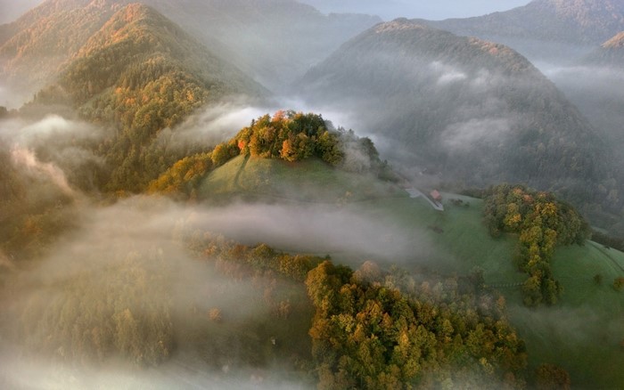 Misty mountain landscape with autumn forest in morning sunlight