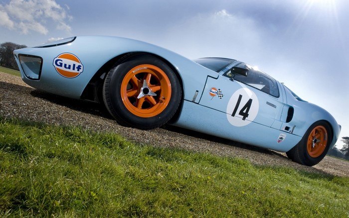 Light blue Ford GT40 race car with Gulf livery