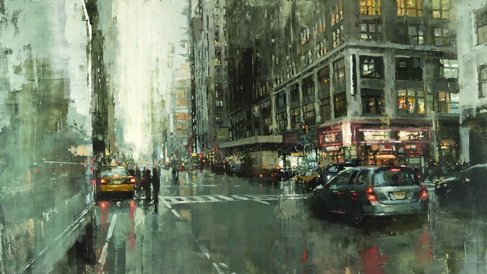 Painting of a rainy New York City street with yellow cabs