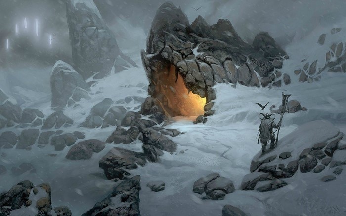 Viking in a snowy cave entrance with glowing light