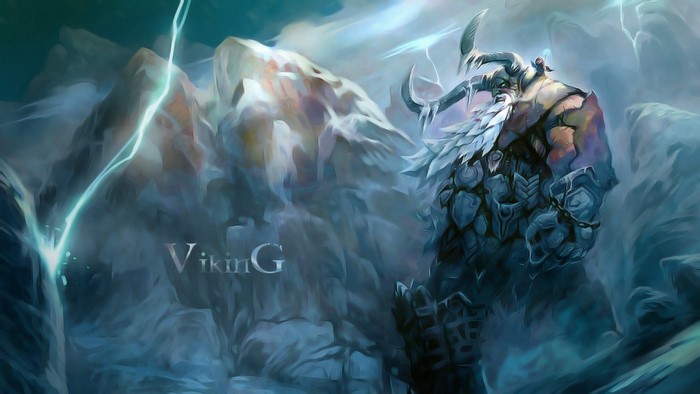 Viking character in a mountainous landscape with lightning