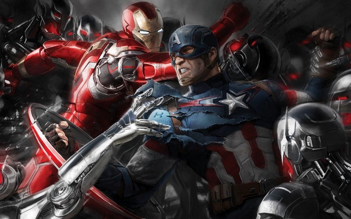 Iron Man and Captain America fighting Ultron bots
