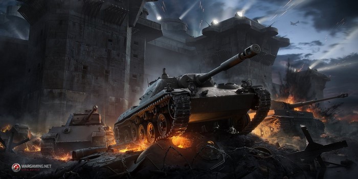 Tanks in a war-torn fortress with explosions