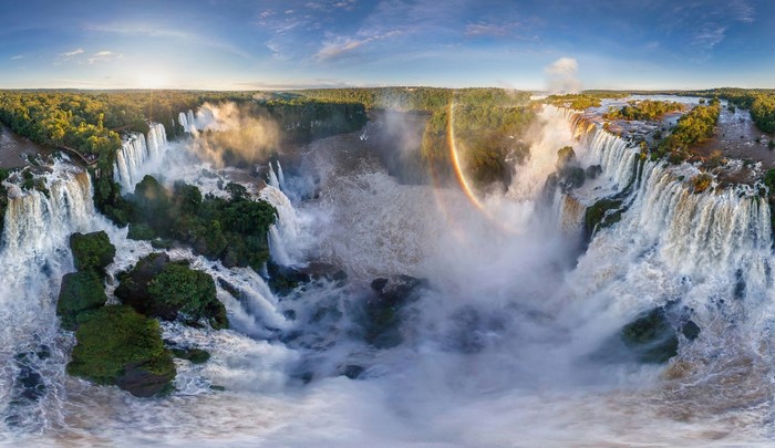 Iguazu Falls with Rainbow and Lush Greenery