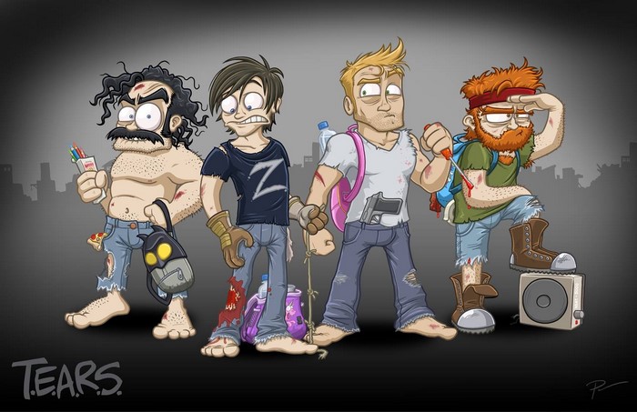 Four cartoon characters in a post-apocalyptic setting