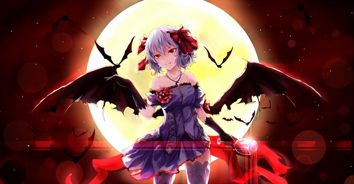Anime girl with wings and bats in front of the moon