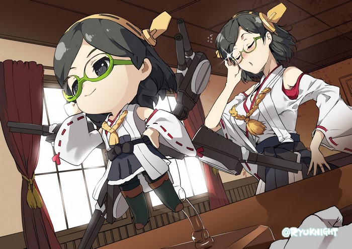Kirishima from Kantai Collection in chibi and normal style
