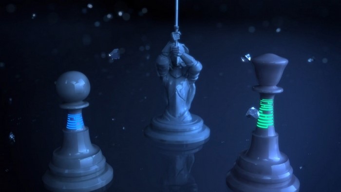 Chess pieces with glowing elements on a dark background