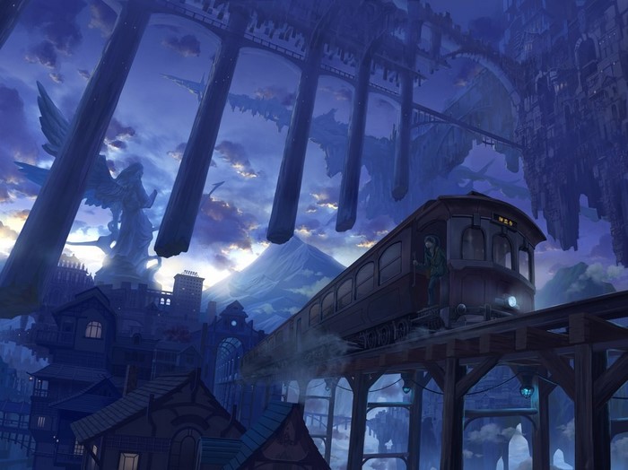 Anime train in a fantastical city with floating islands