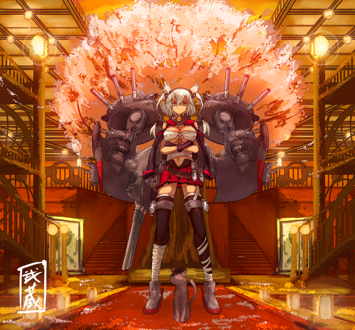 Musashi KanColle anime girl with cannons and cat