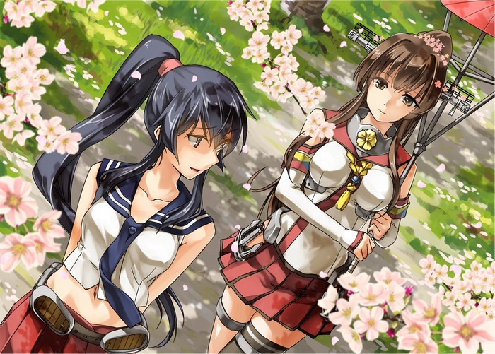 Two anime girls in sailor-style outfits under cherry blossoms