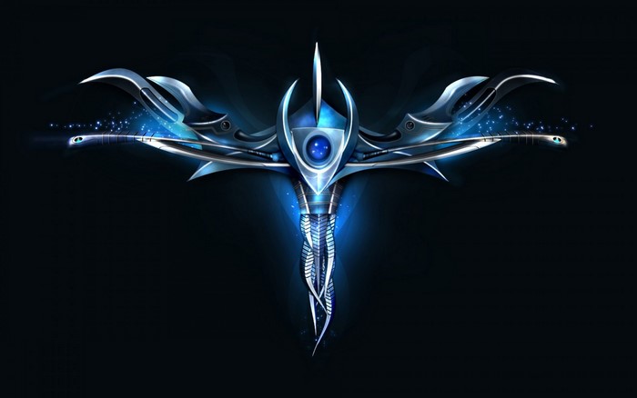 Abstract blue metallic wing-like structure with glowing lights