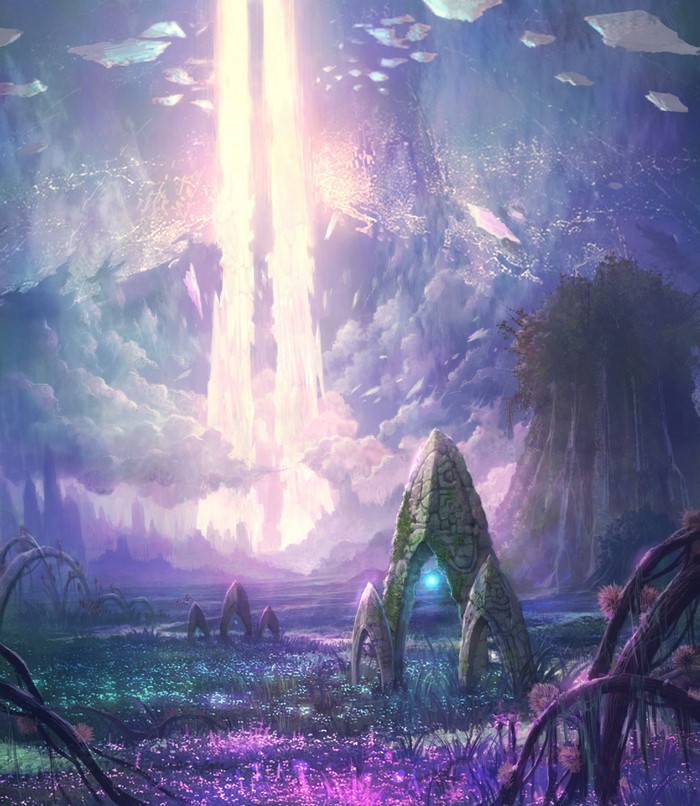 Aion screenshot of a fantasy landscape with glowing pillars