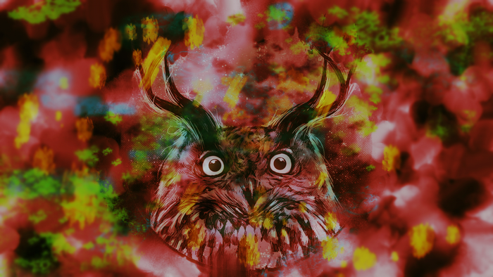 Close up of a colorful owl with horns