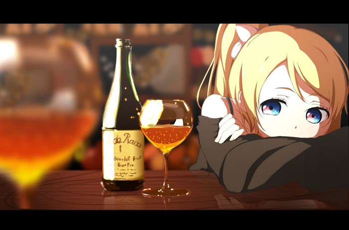 Anime girl with drink and bottle