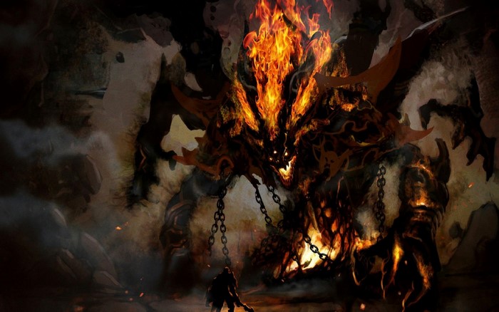 Fiery demon creature in a dark cave with a warrior