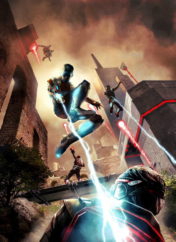 Characters in a futuristic battle with lasers