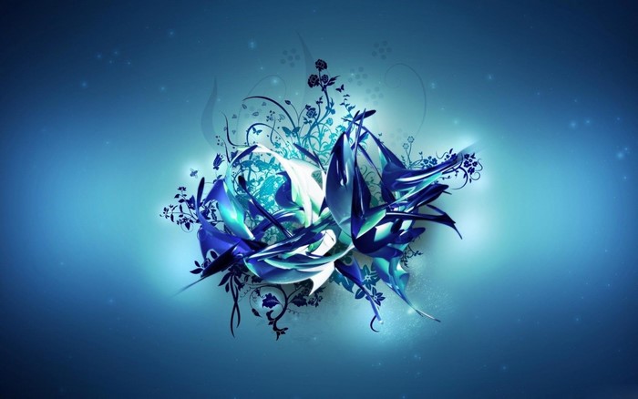 Abstract blue floral digital art with butterflies