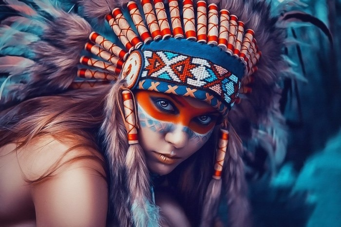 Woman with Native American Headdress and Face Paint