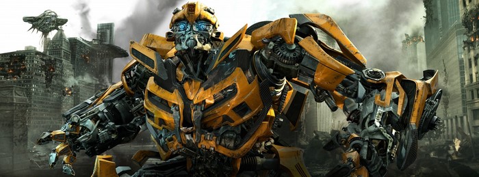 Bumblebee from Transformers in a destroyed city