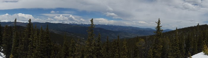 Panoramic view of snow-capped mountains and evergreen forest