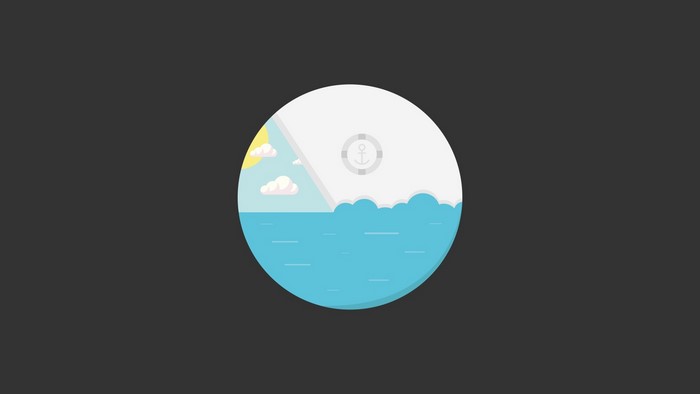 Minimalist illustration of a circle divided into sea and sky with an anchor logo