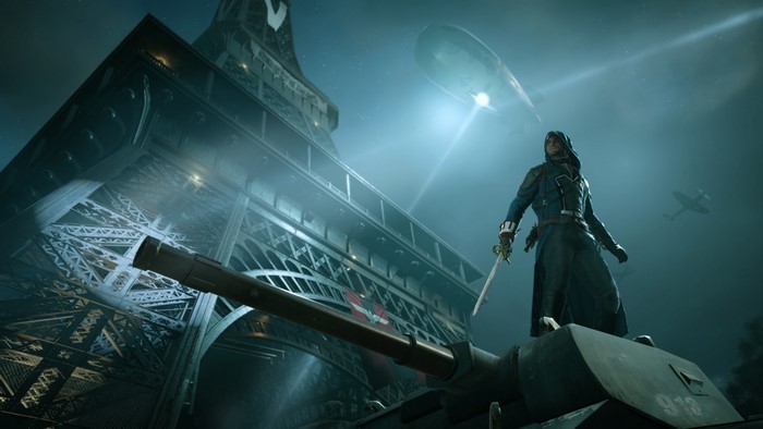 Assassin from Assassin's Creed Unity on a tank near Eiffel Tower